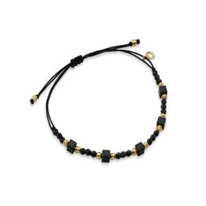 Złota bransoletka na czarnym sznurku z geometrycznymi czarnymi kryształami – biżuteria handmade MOON LOVE