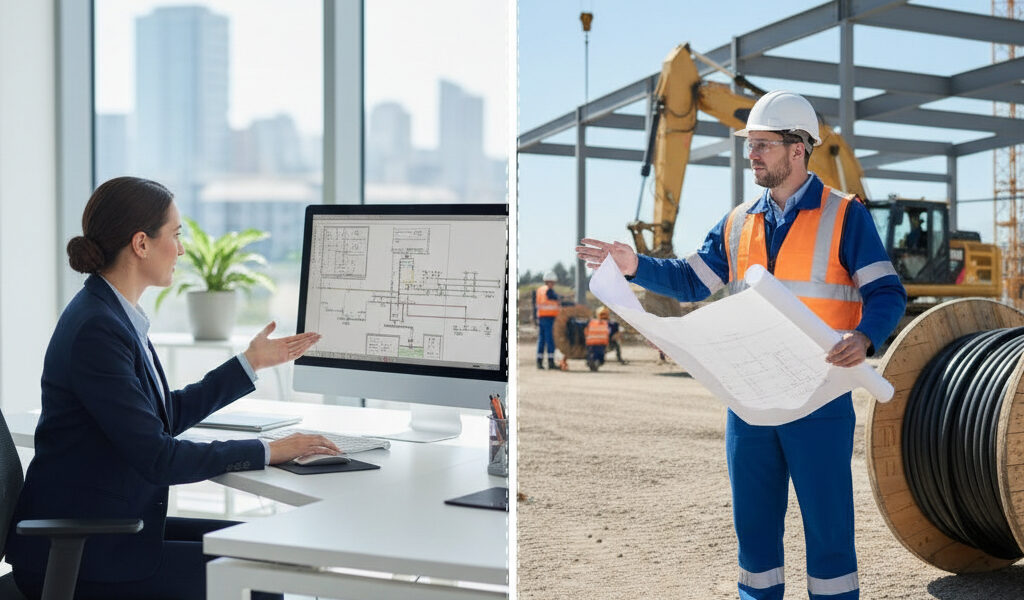 Kobieta w biurze Cellco przy komputerze klient na budowie sieci światłowodowejj przy szpuli kabla napowietrznego