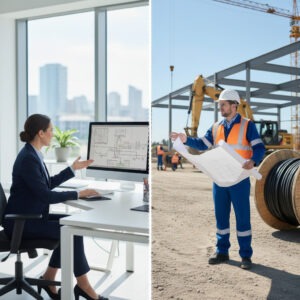 Kobieta w biurze Cellco przy komputerze klient na budowie sieci światłowodowejj przy szpuli kabla napowietrznego