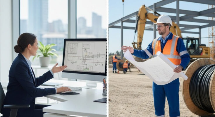 Kobieta w biurze Cellco przy komputerze klient na budowie sieci światłowodowejj przy szpuli kabla napowietrznego