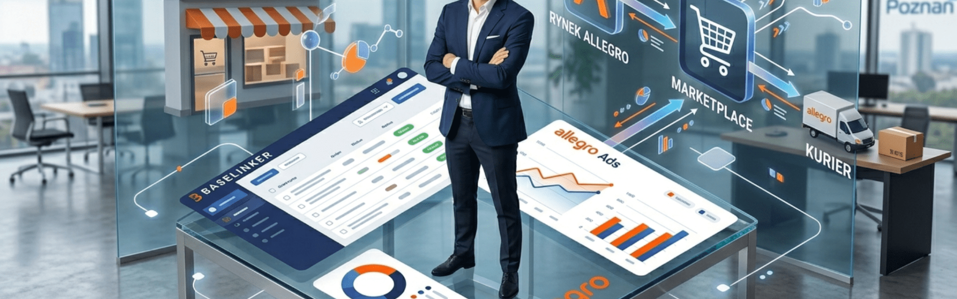 Mężczyzna w garniturze stojący pośrodku wizualizacji e-commerce i data analytics z logo Allegro.