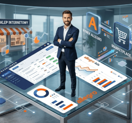 Mężczyzna w garniturze stojący pośrodku wizualizacji e-commerce i data analytics z logo Allegro.