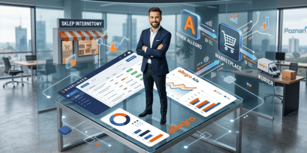 Mężczyzna w garniturze stojący pośrodku wizualizacji e-commerce i data analytics z logo Allegro.