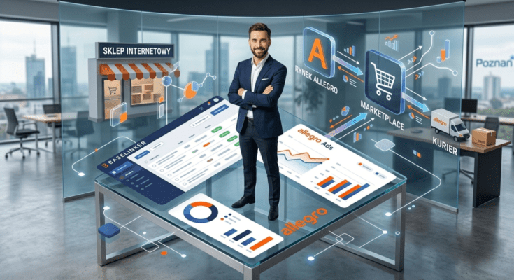 Mężczyzna w garniturze stojący pośrodku wizualizacji e-commerce i data analytics z logo Allegro.