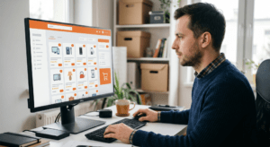 Mężczyzna pracujący przy komputerze przy biurku.