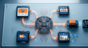 Schemat techniczny procesora łączącego różne ikony e-commerce (sklep, koszyk, magazyn, dostawa).