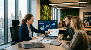 Spotkanie biznesowe zespołu analizującego wykresy danych na ekranie w nowoczesnym biurze.