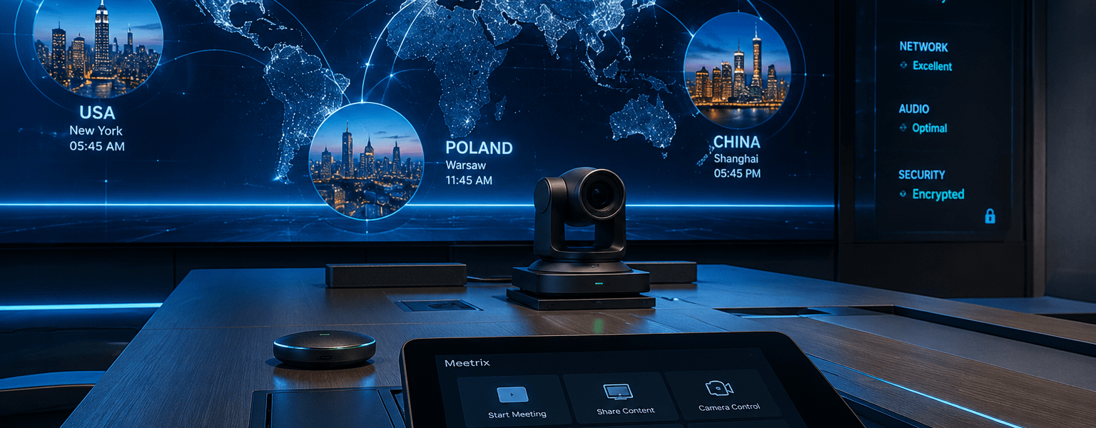 Futurystyczna sala konferencyjna z systemem wideokonferencyjnym i mapą globalnych połączeń między Polską, USA i Chinami