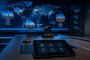 Futurystyczna sala konferencyjna z systemem wideokonferencyjnym i mapą globalnych połączeń między Polską, USA i Chinami