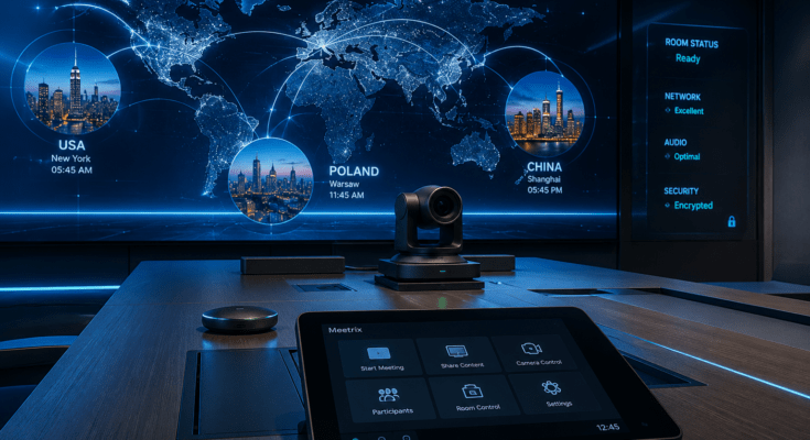 Futurystyczna sala konferencyjna z systemem wideokonferencyjnym i mapą globalnych połączeń między Polską, USA i Chinami